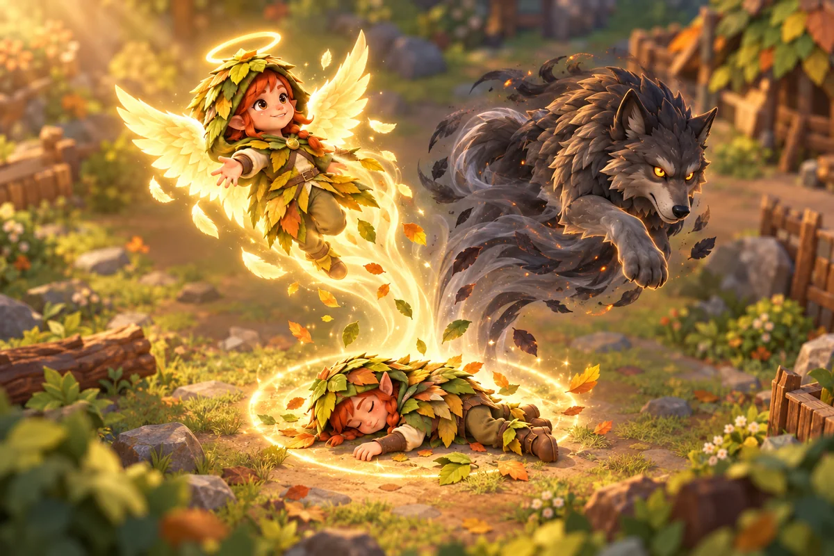 O Elfo caído no chão; de um lado sobe um Anjo dourado, do outro salta um Lobo cinzento