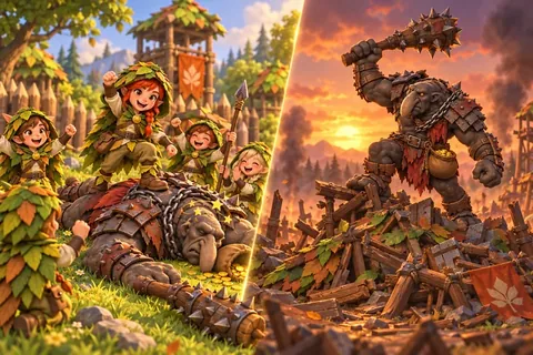 De um lado os Elfos comemoram sobre o Troll caído; do outro, o Troll vence sobre a base destruída