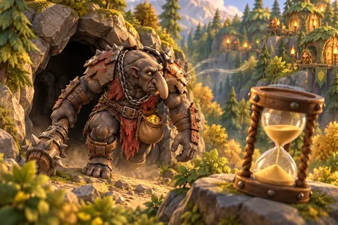 O Troll sai da caverna ao lado de uma ampulheta